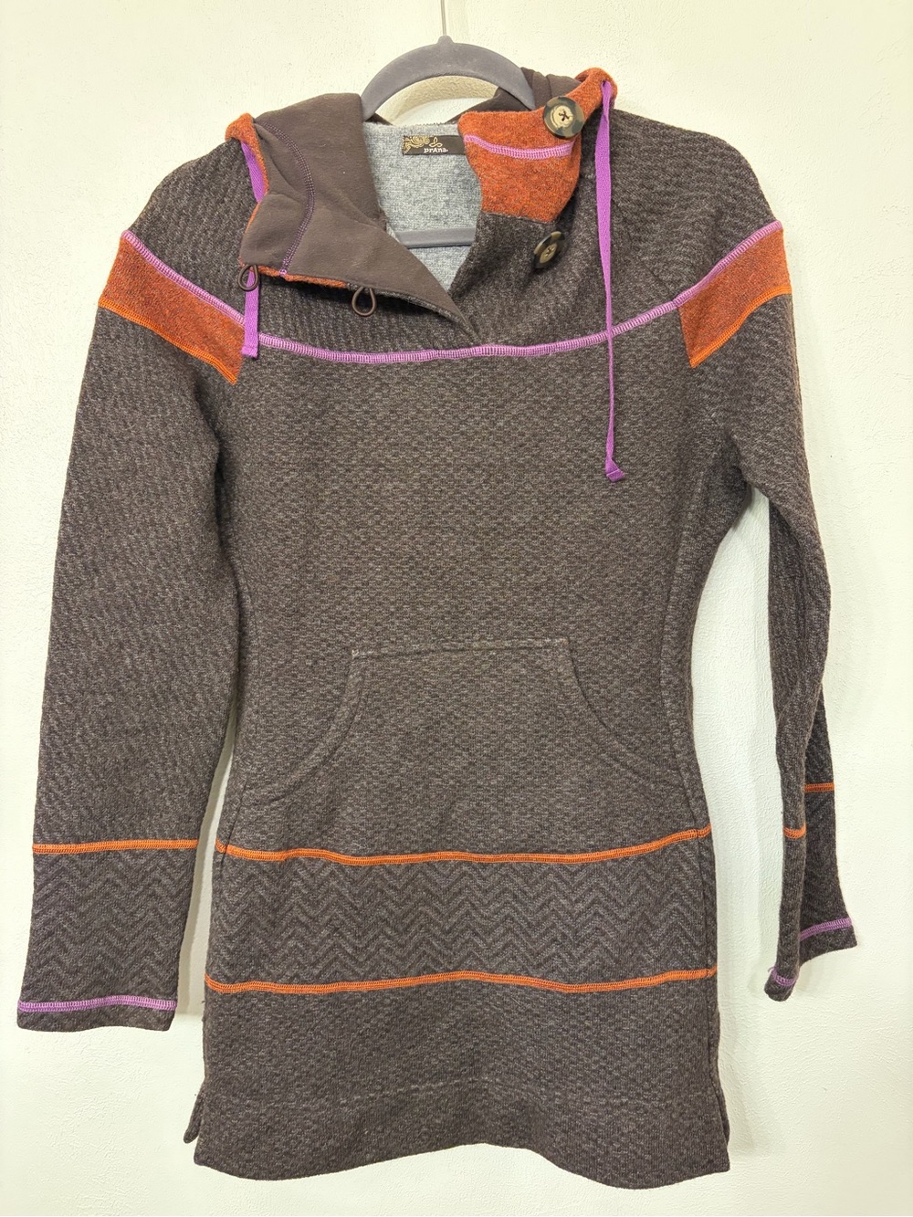 Prana Women’s Breathe Brown Sweater Wool Blend Hoodie Tunic Top Size Small